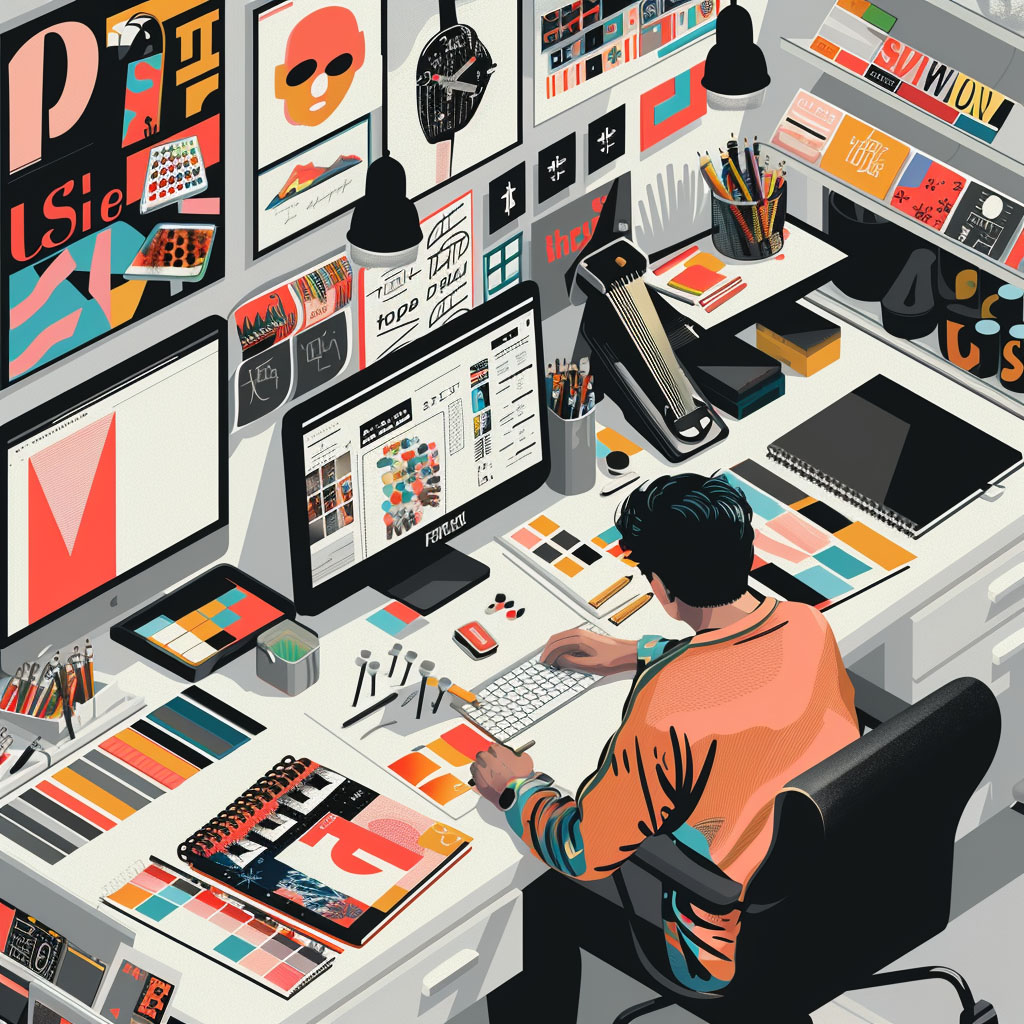 Image of a designer's workspace, featuring an array of meticulously arranged typefaces, with fonts carefully selected to convey different moods and tones. The designer is engrossed in his craft, surrounded by sketches, color swatches, and design tools, as he intricately weaves together typography elements to create a visually captivating composition.